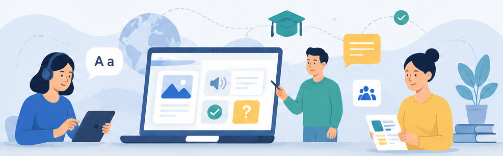 Illustration einer vielfältigen Lerngruppe bei digitalen und gemeinsamen Lernaktivitäten